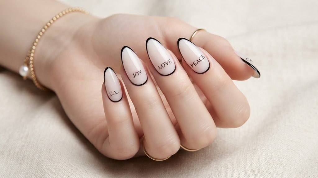 Sheer nude almond nails with black painted borders and white lettering on a white hand.