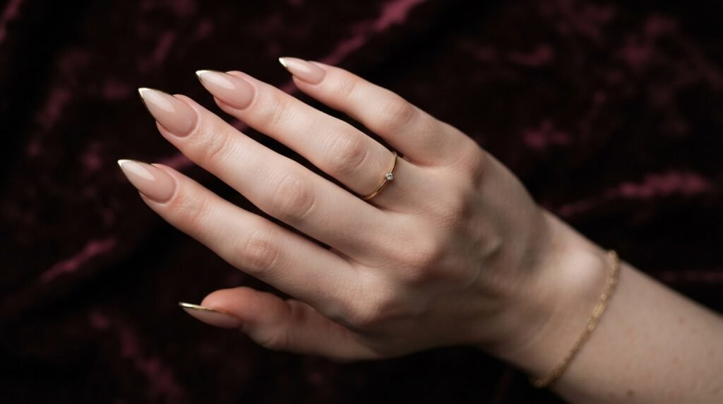 Dramatic close-up of stiletto nails on very white skin female hand with sheer nude-pink polish and minimalist gold hairline details.