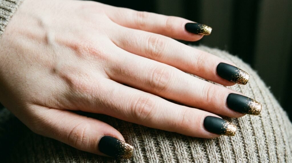 Tapered square nails featuring matte black finish with glossy gold glitter faded onto tips.