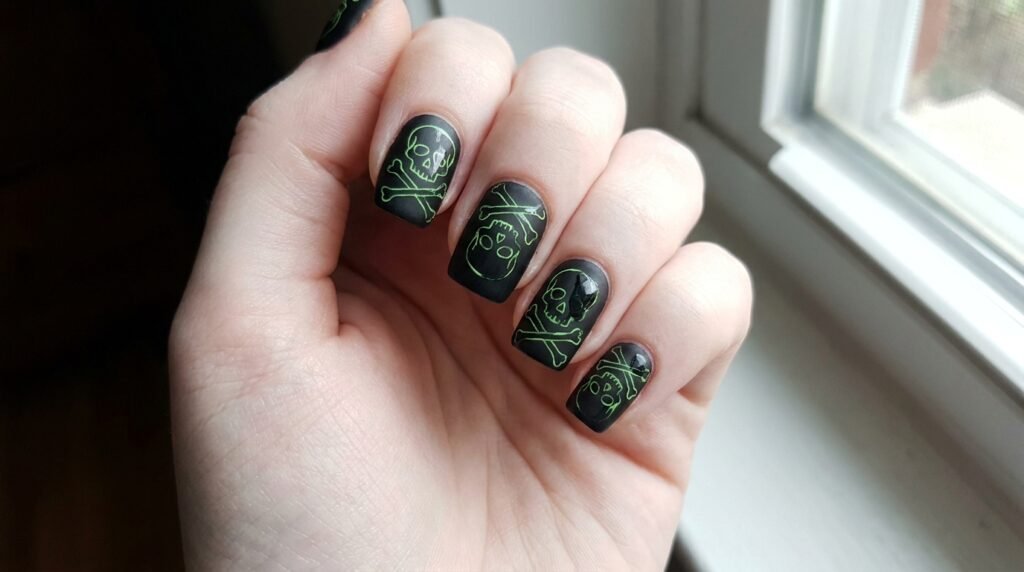 Short square nails with glossy green neon skull art over matte black polish on white hand.