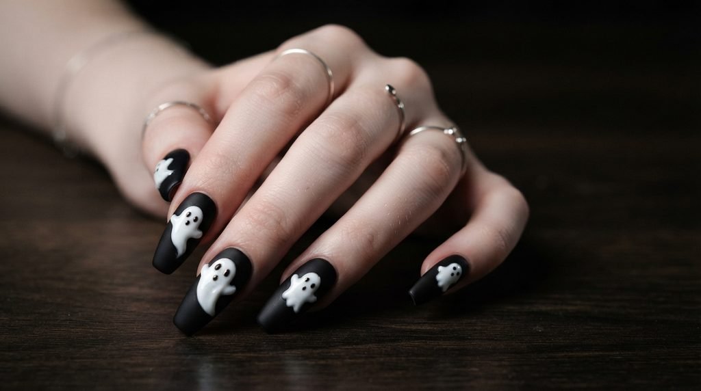 Close up of white skin hand showing raised glossy white ghosts on velvety matte black nails