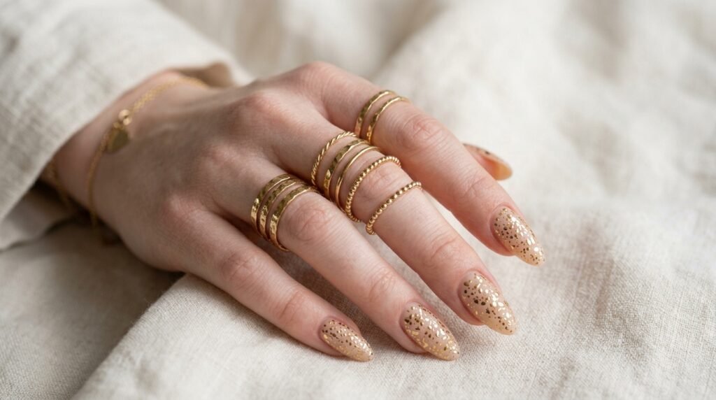 An 18-year-old female hand with very white skin tone displaying stacked gold rings paired with nude and gold splatter nails.