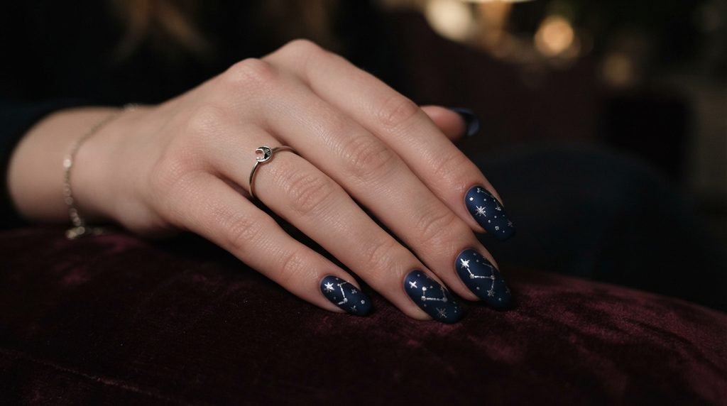 Matte midnight blue coffin nails with painted silver star constellations on a white hand.