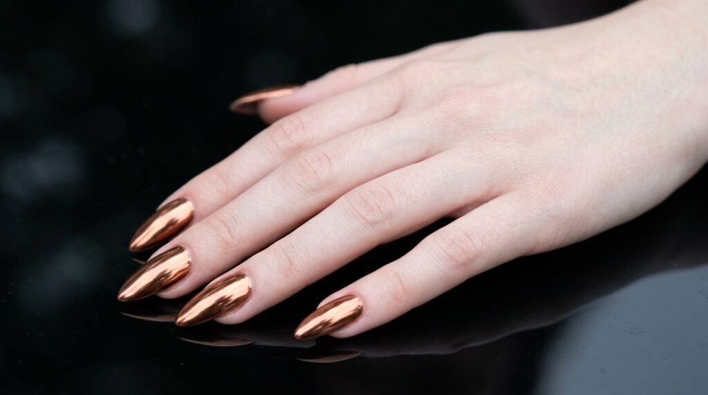 Full copper chrome metallic almond nails on 18-year-old female hand with very white skin tone.