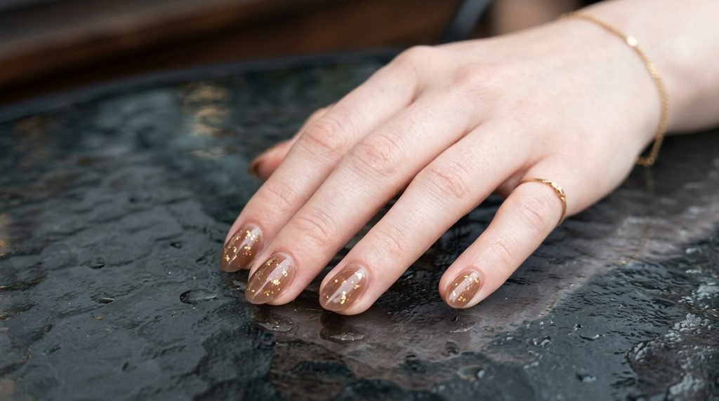 Translucent mocha jelly nails with gold leaf flecks on fair skin.