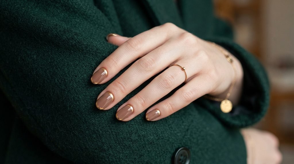 Short almond mocha nails with cuticle gold foil accents on very white skin.