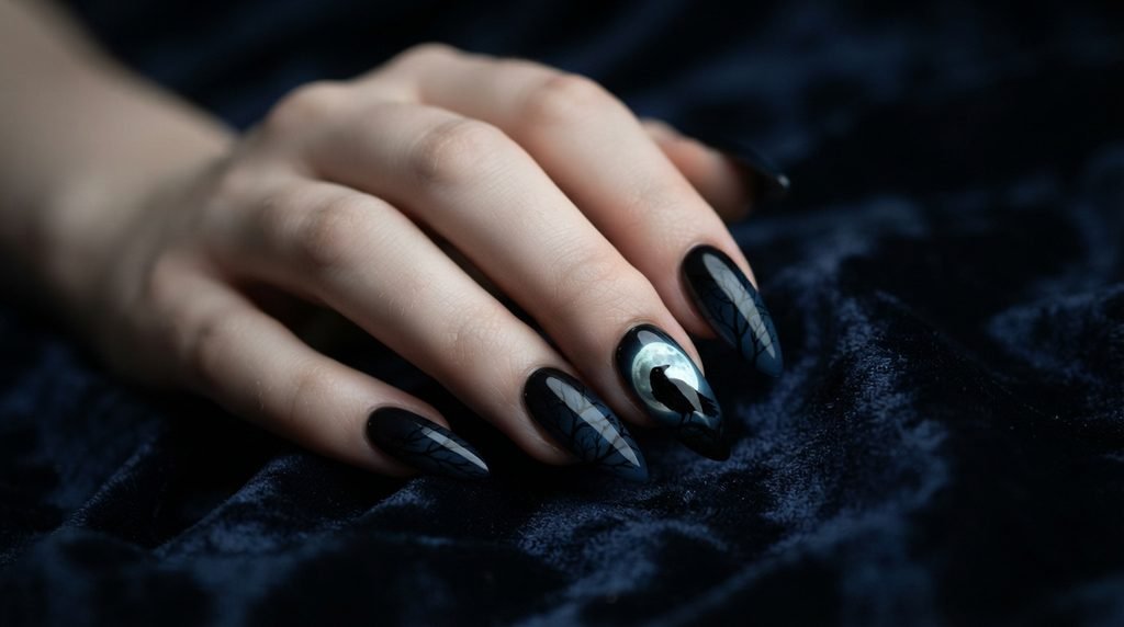 Close-up of stiletto nails with raven silhouette and full moon art on a white female hand.