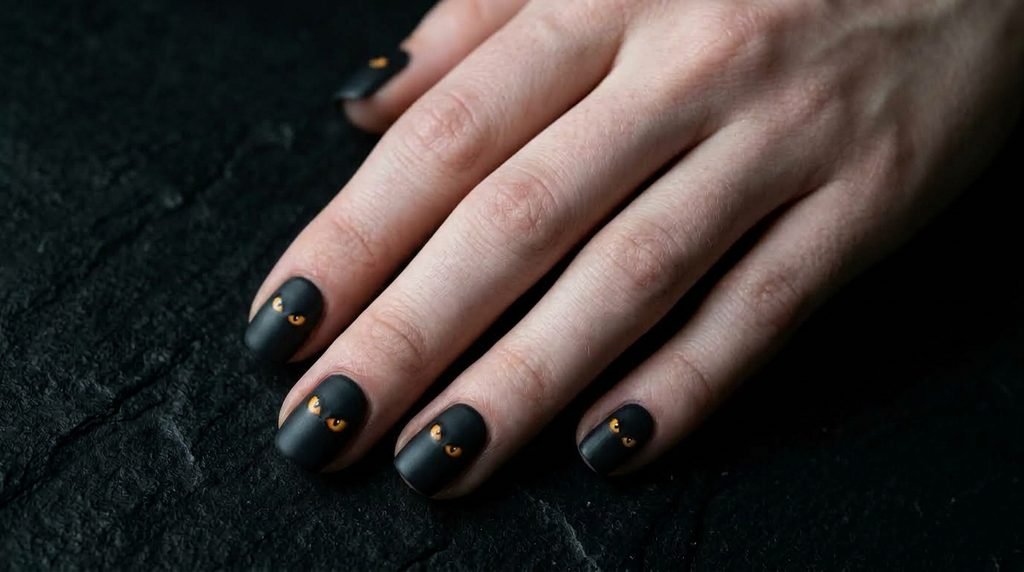 Short square nails with glowing textured mummy wrap design on dark obsidian.