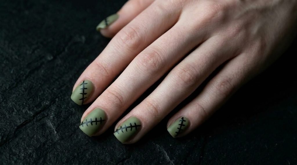 Short square green nails with black stitch marks glowing in dark setting on charcoal.