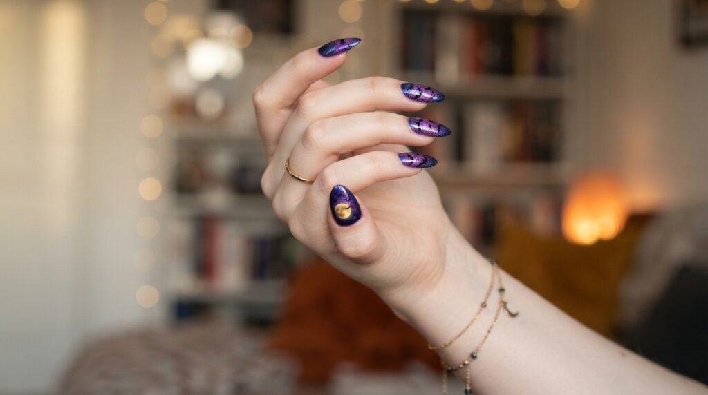 Flying bat silhouettes and full moon painted on purple glitter almond nails.