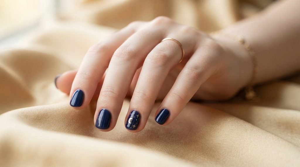 An intimate close-up photograph of short round nails with glossy deep navy base and minuscule silver micro moon and star details on one ring finger nail, against a blurred gold silk background.
