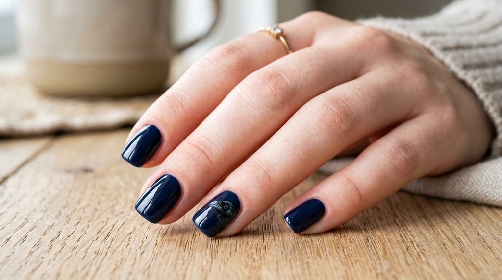 Short square navy nails featuring a tiny black raven head silhouette accent on one nail.