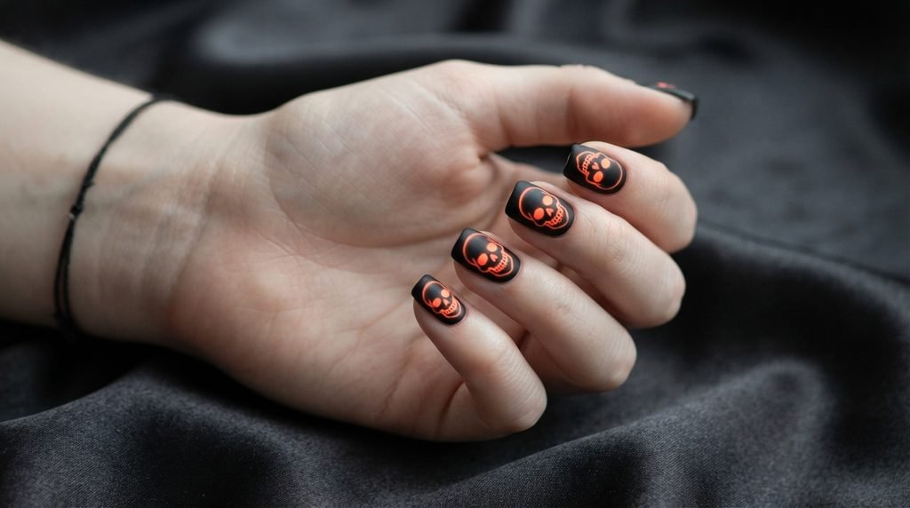 Short square black nails painted with bright glowing orange skull faces on dark charcoal background