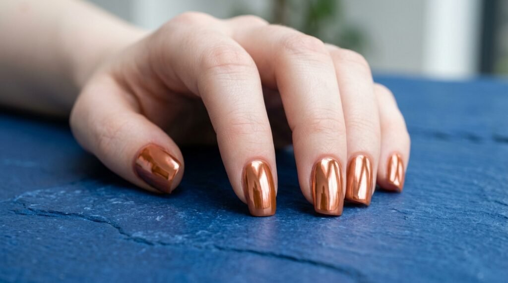 Medium squoval nails on an 18-year-old white skin hand with glossy pumpkin orange chrome nail polish.