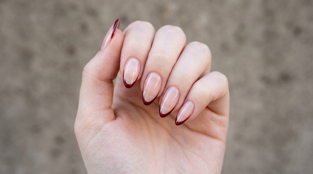 A close-up view of almond-shaped nails with clear polish and a delicate deep red pointed outline