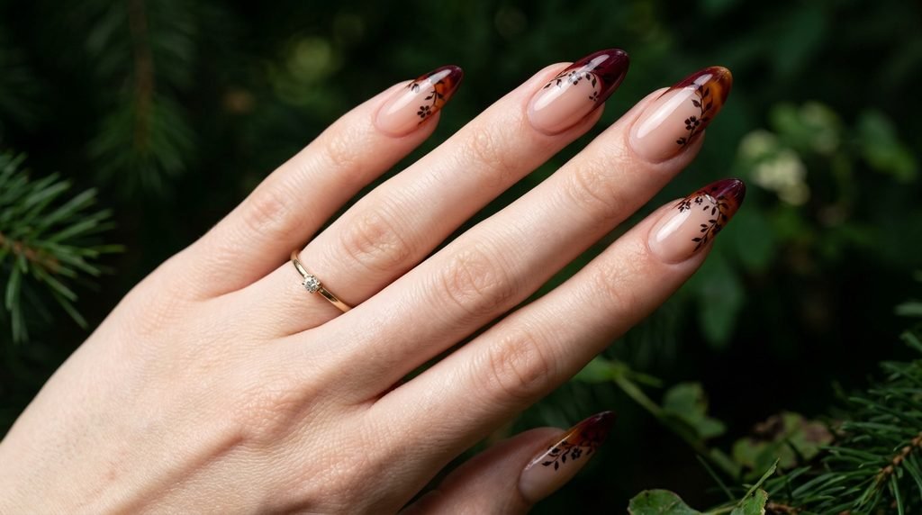 Autumn-inspired burgundy and amber French tip nails with dark flowers on a female hand with white skin.