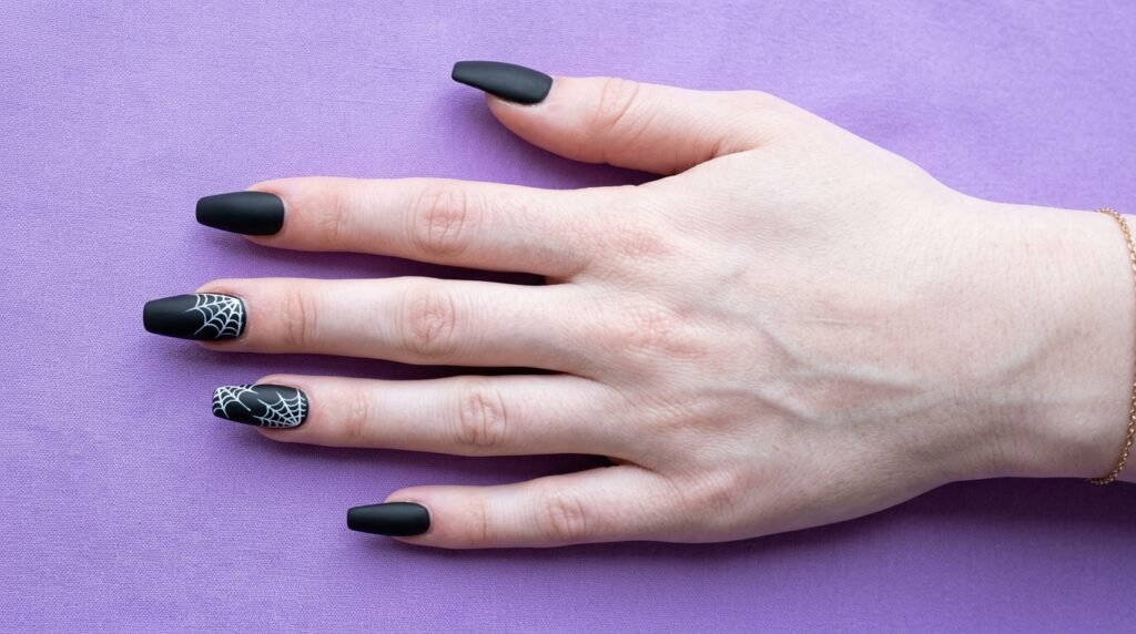 Matte black long coffin nails on a white skin hand adorned with delicate white spiderweb designs.