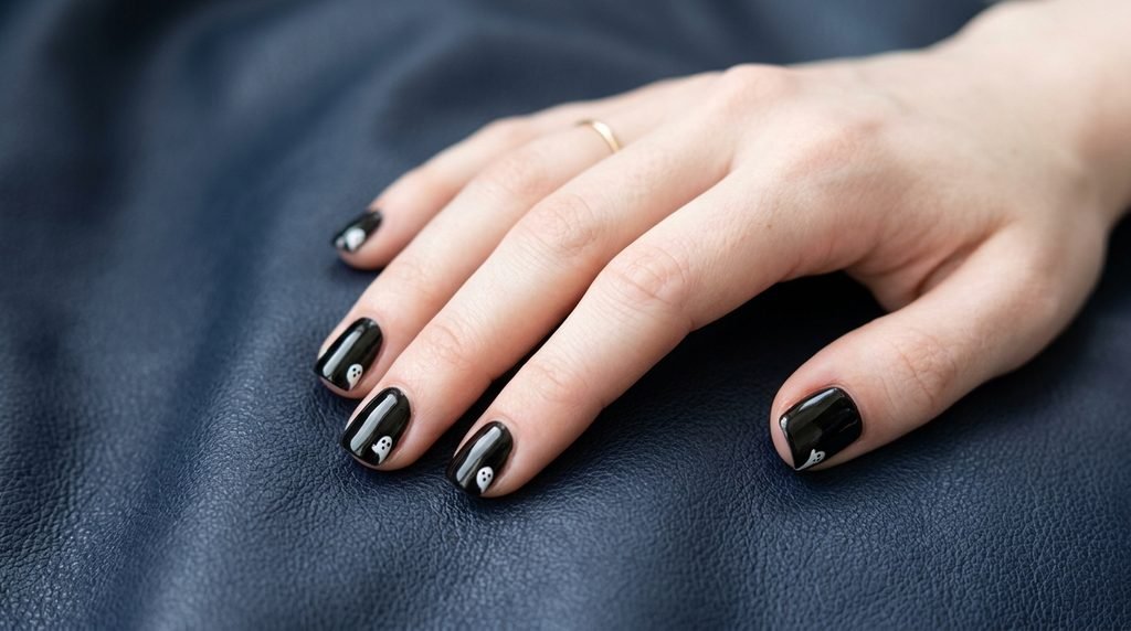 Short square black nails with subtle white ghost art peeking from sides on white skin hand over dark navy leather.