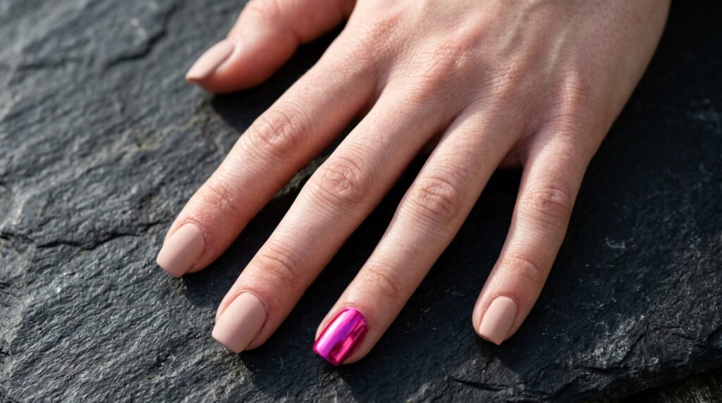 Matte nude nails with a single hot pink chrome accent nail on an 18-year-old white female hand against slate.