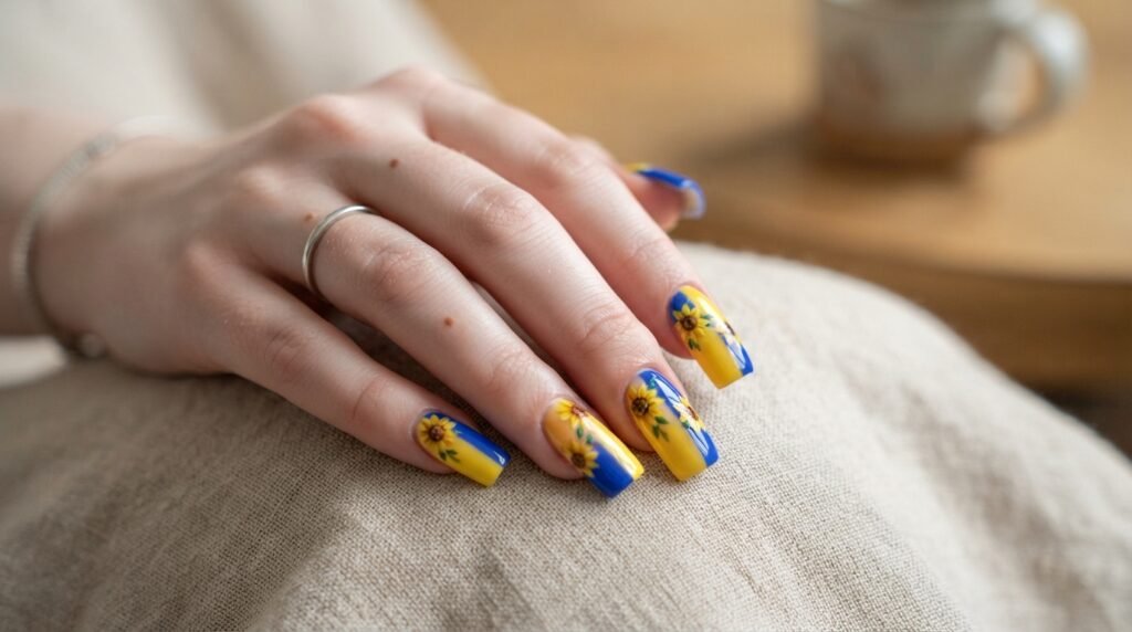 Medium almond nails showing yellow and cobalt blue color blocking with hand-painted sunflower art.