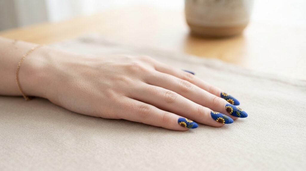Short almond nails painted matte cobalt blue with simple yellow dot-art sunflower silhouettes.