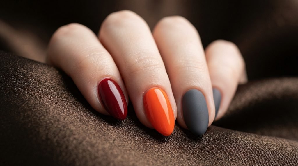 Close-up of three fingers on an 18-year-old female hand with very white skin showing almond nails in red, orange, and matte charcoal.