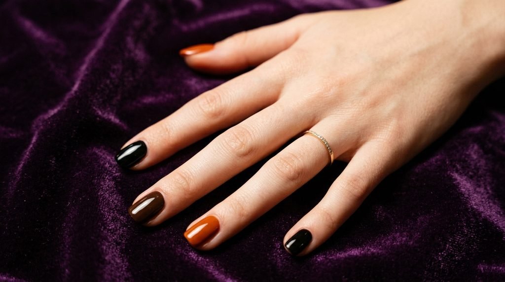 Pale female hand featuring deep orange and dark black polished nails against purple background.