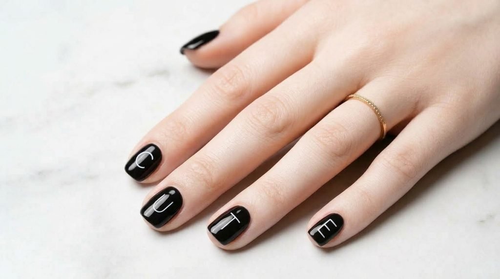 Short natural nails look sleek and balanced with minimalist single-letter placement.