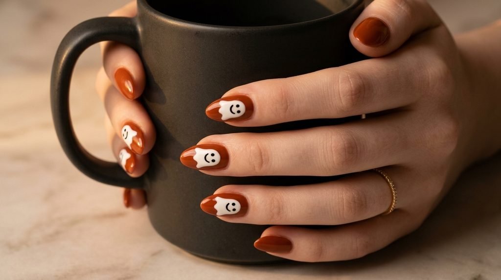 Almond nails painted orange with cute white ghost smiley faces on an 18 year old white hand.