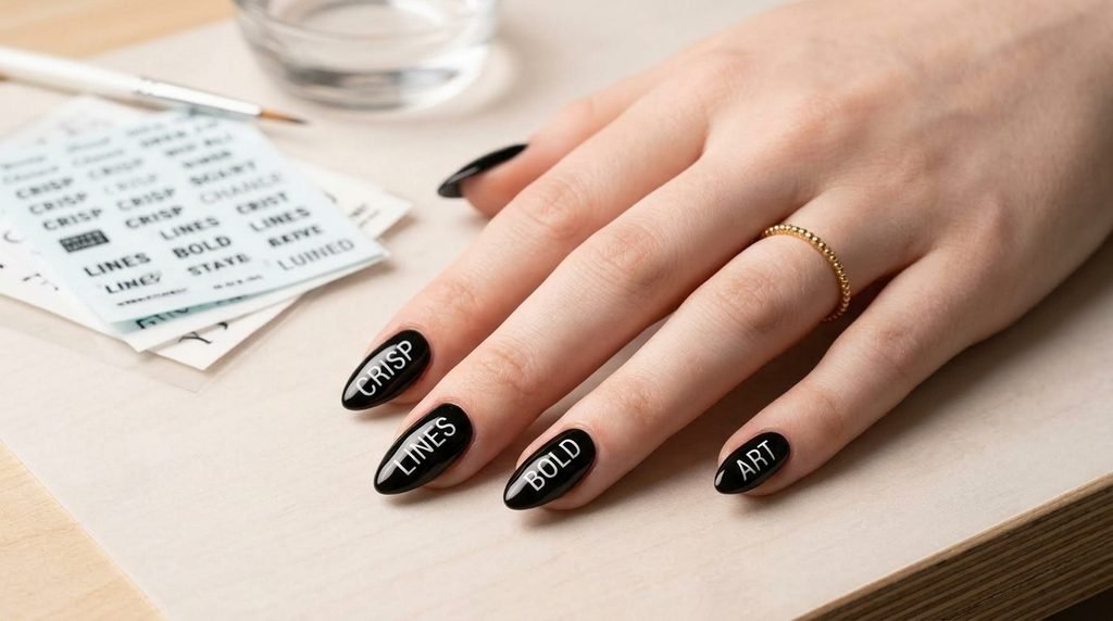 Manicured white hand next to nail art water decal sheets and stamping tools