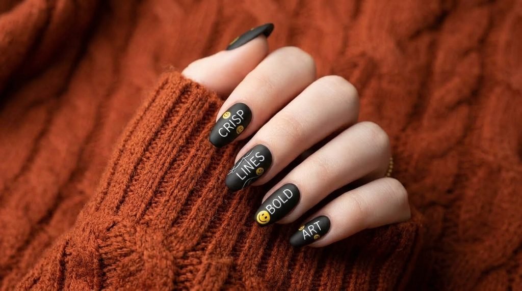 White female hand wearing black and yellow nails rested against an orange knit sweater sleeve.