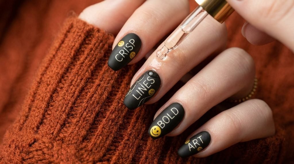 A drop of nourishing cuticle oil being applied to dark text-art nails on fair skin.
