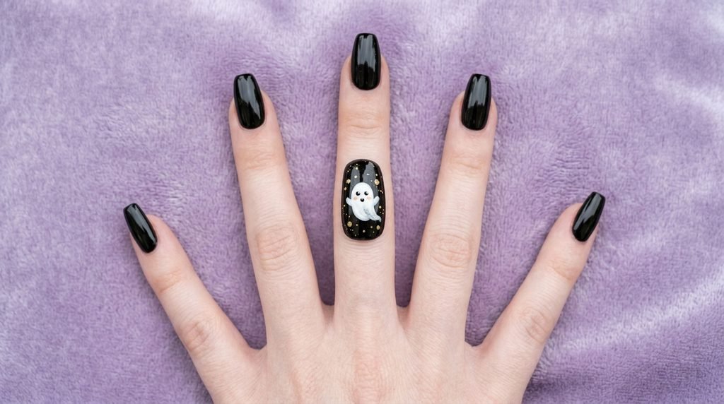 A mini white ghost nail design on a black coffin nail on an 18-year-old white hand over lavender background.