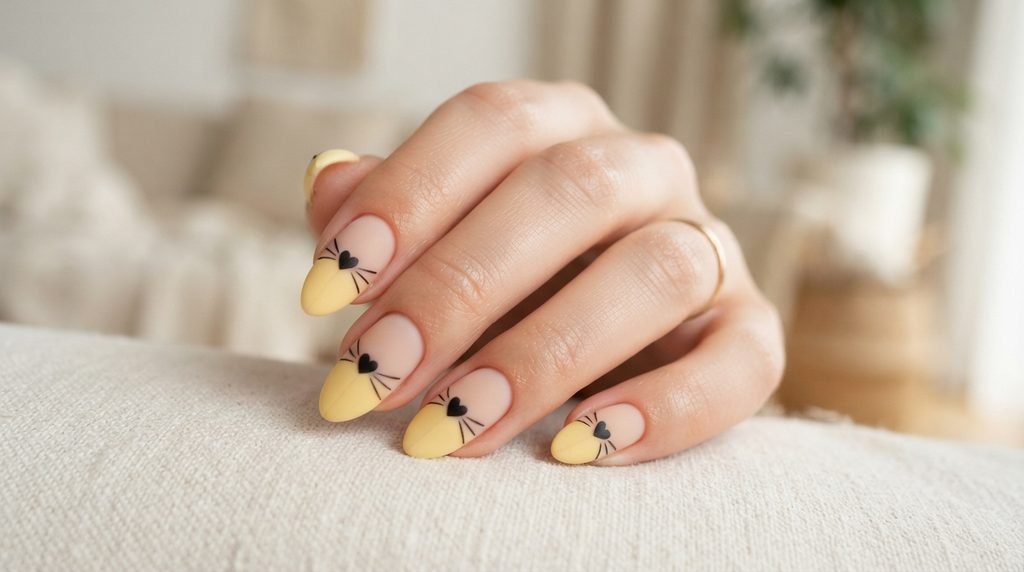 Detailed view of cat whisker line art and tiny black heart on almond nail.