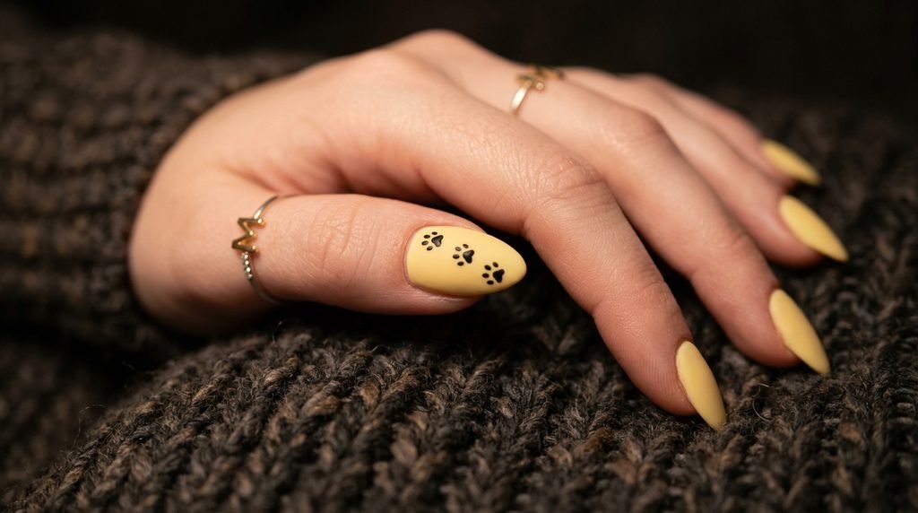 Small black cat paw prints hand-painted on matte yellow almond nail.
