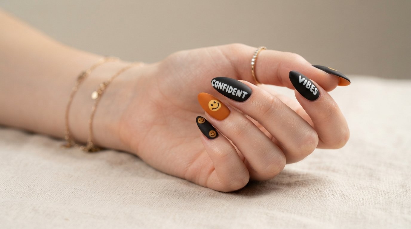 Close up of an 18 year old female hand with white skin showing almond Halloween nails with smiley faces and text.
