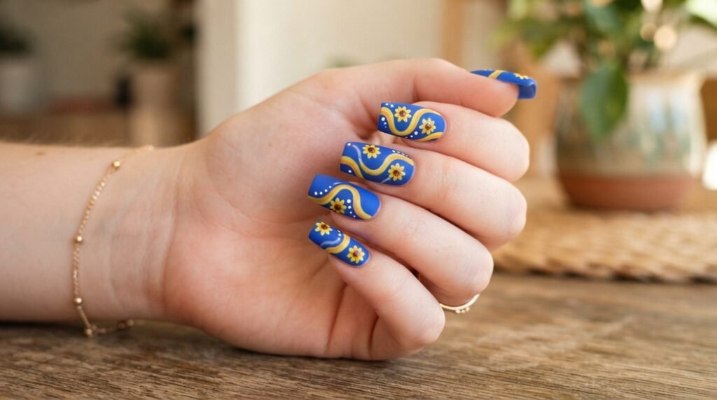 Medium almond nails featuring wavy yellow swirls and mini sunflower accents over matte cobalt blue.