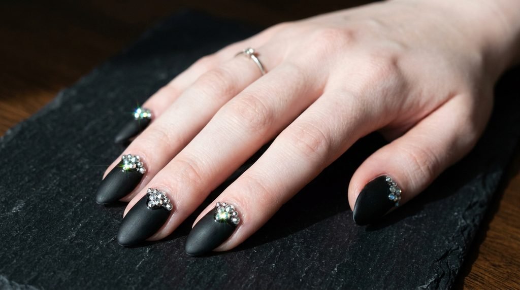 Macro view of 3D clear rhinestones clustered near the cuticle of a matte black nail on an 18-year-old female hand with very white skin.