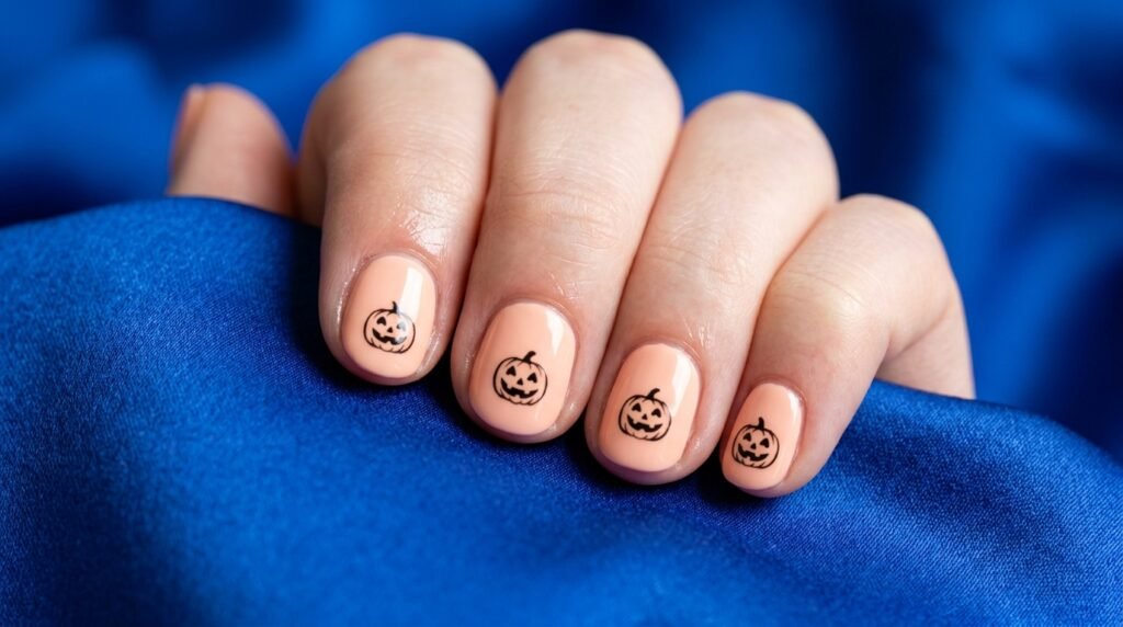 Short round peach nails with simple black pumpkin face art on an 18-year-old female hand with pale skin.