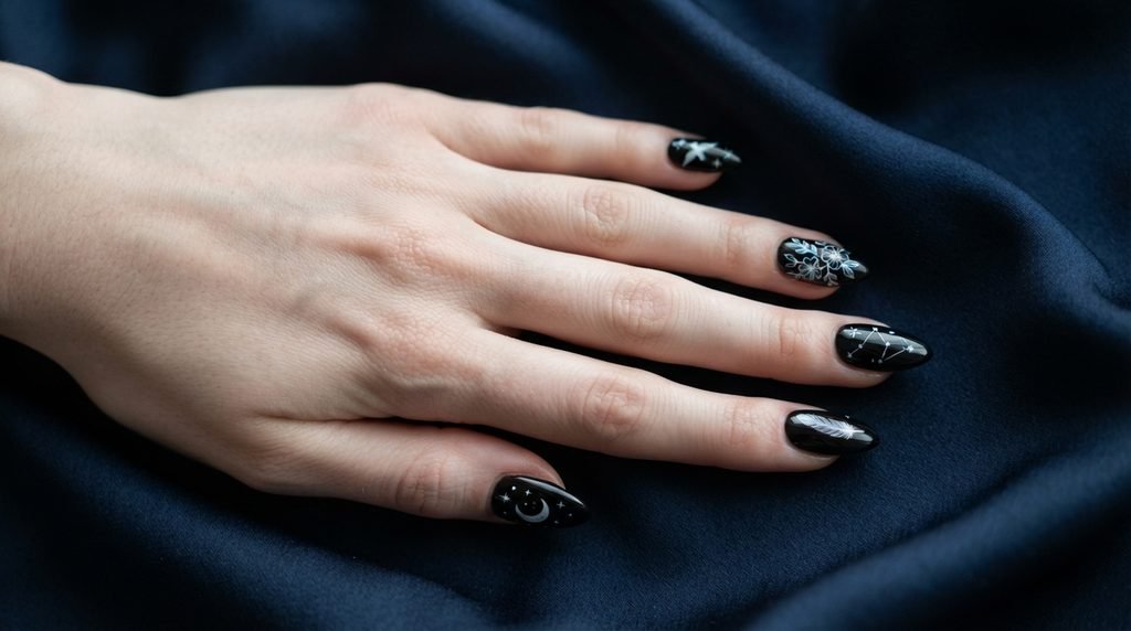 Almond nails painted jet-black with crisp white gel silhouette underlays on dark blue silk.