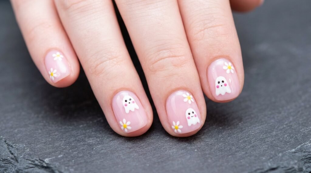 Pink short round nails with tiny cute white ghosts and painted daisies on white skin.