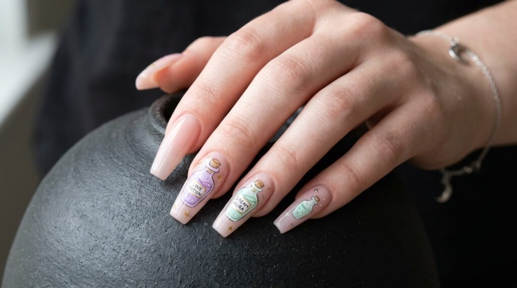Coffin nails with a sheer blush base featuring pastel potion bottle art on an 18-year-old female hand.