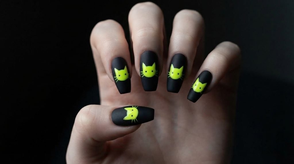 Coffin nails with matte black polish and glossy yellow smiley face designs on white skin.