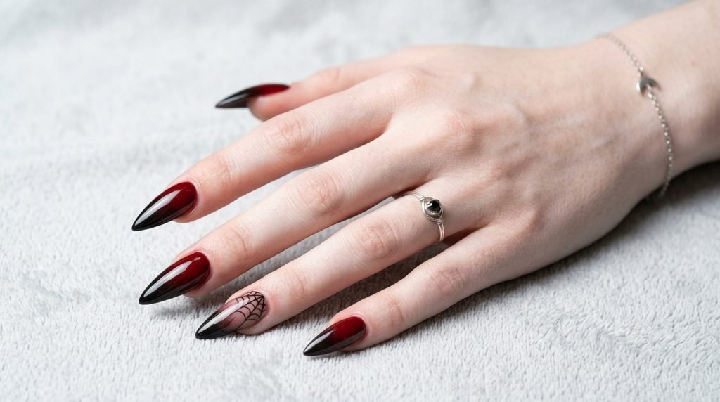 Stiletto nails with oxblood gradient and delicate black spiderweb art near the cuticle.