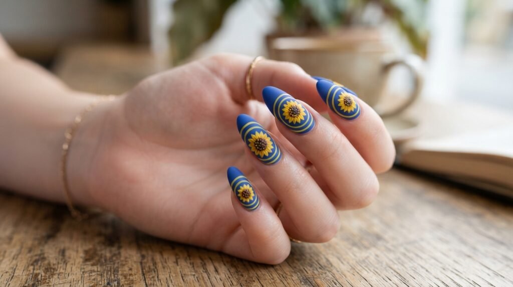 Matte cobalt blue almond nails featuring yellow concentric circular lines around central sunflower art.