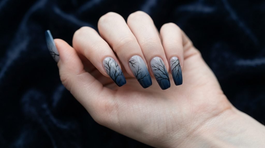 Long coffin nails with a light grey gradient and thin black tree branch nail art.