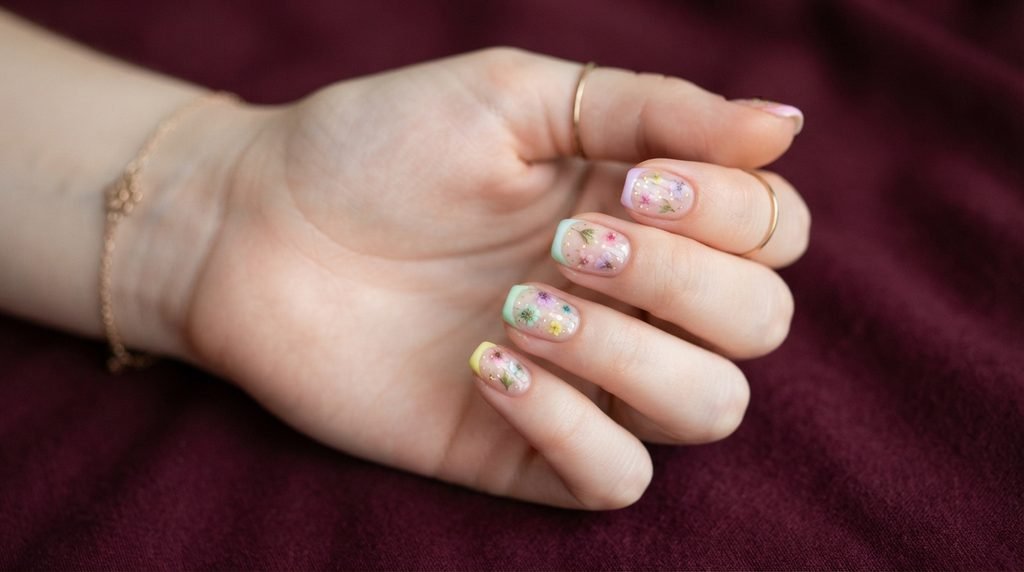 Ultra-thin French tips allow short natural nails to wear delicate dried flower accents beautifully.