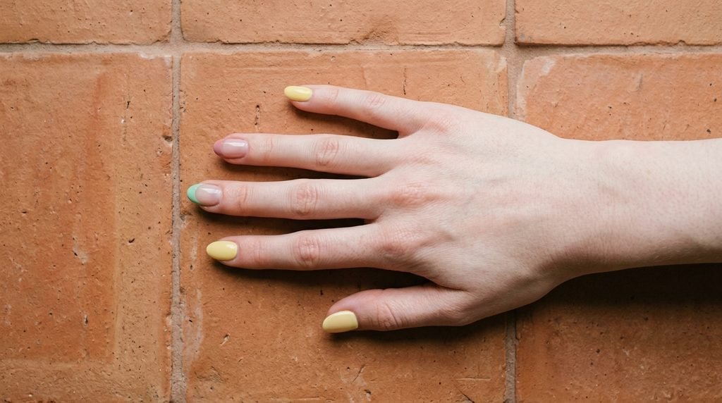 Hand with white skin showing a balanced color palette of soft pastel French tips over a terracotta background.