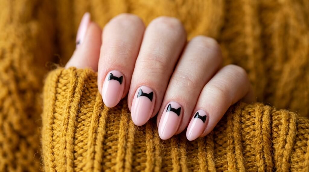 Pastel pink short almond nails featuring black cat ear silhouettes on an 18-year-old female hand with white skin.
