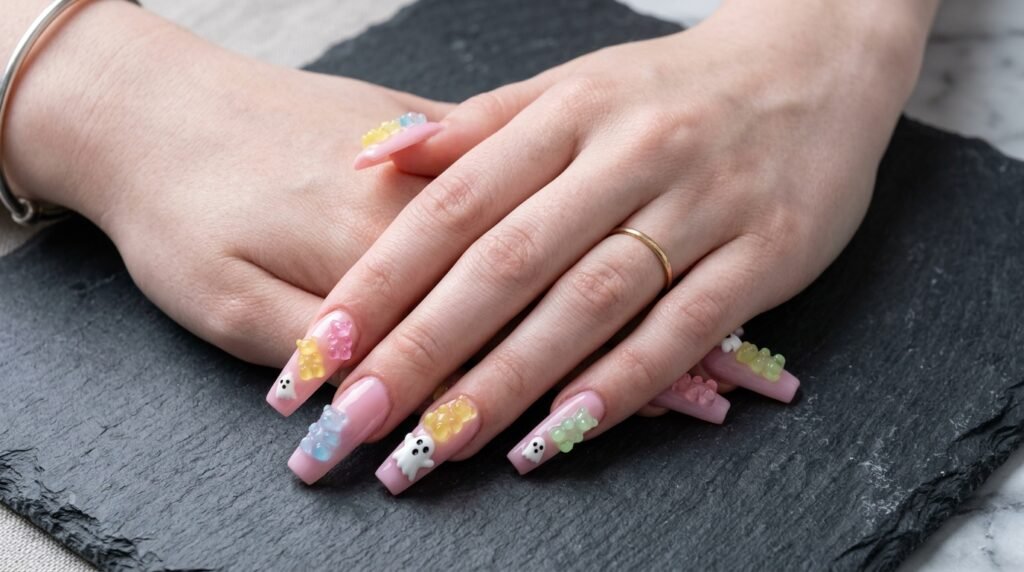 Long coffin pastel pink nails decorated with 3D gummy bear charms on an 18-year-old female hand with pale white skin.